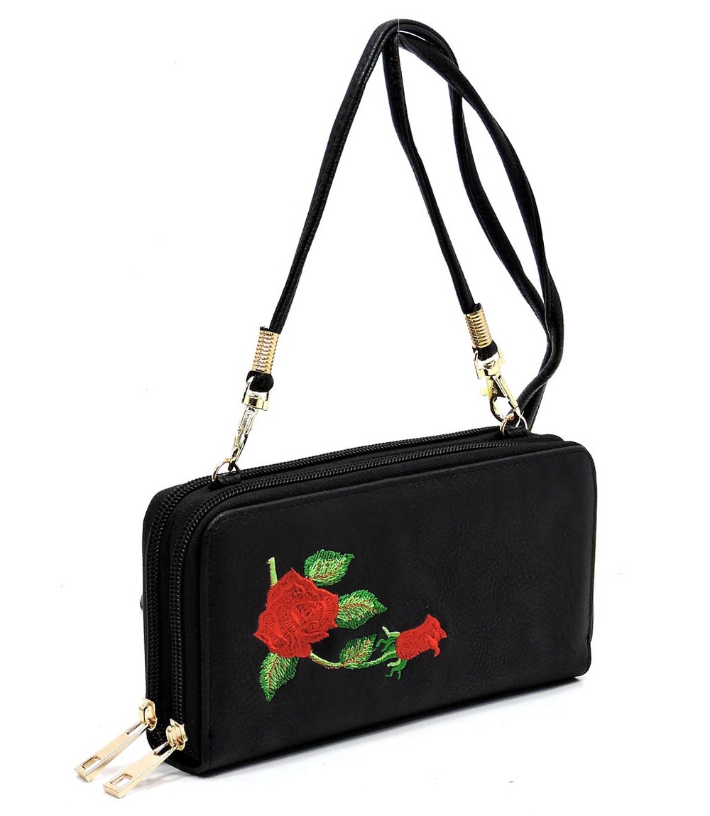 Embroidered Flower Zip Around Crossbody Wallet - Wallets - Onsale Handbag